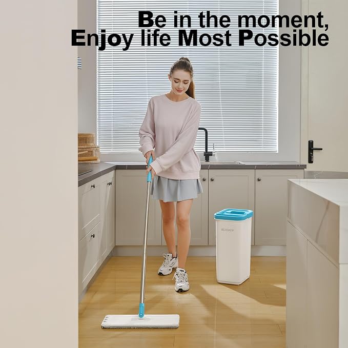 Mop and Bucket Set, Mops for Floor Cleaning Turquoise-Cyan, 60" Long Handle Wall Mop, Squeeze Flat Mop and Bucket System, Dry & Wet Dust Mop for Household Cleaning with 2 Microfiber Mops