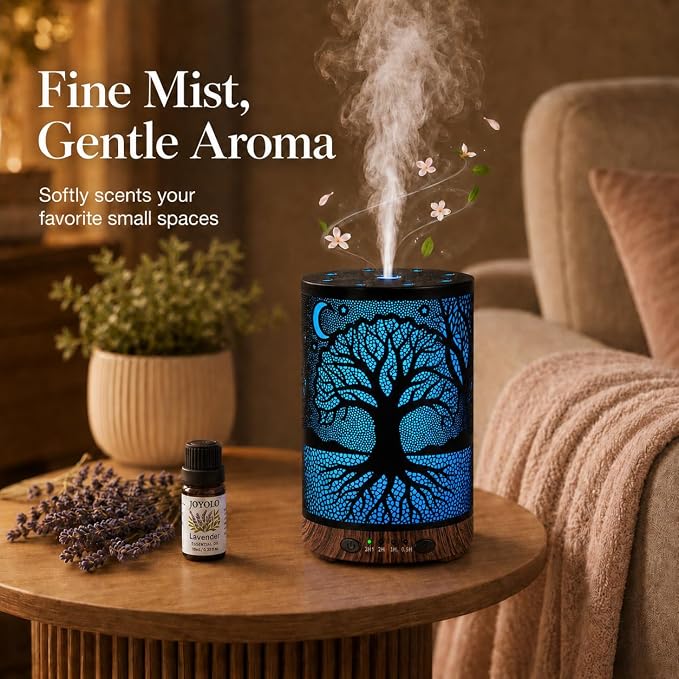 Essential Oil Diffuser, 120 ml Aromatherapy Diffuser with 7 Color Lights, Auto Shut-Off and 4 Timer Settings, Ultrasonic Cool Mist Diffuser for Home Room Office (Moonlit Tree)