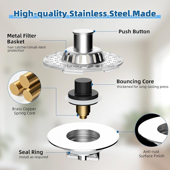 Universal Bathtub Drain Stopper Shower Drain Hair Catcher with Visible Top Strainer, Upgraded 3 in 1 Pop-up Tub Stopper Drain Plug Fit for 1.5 to 2.4" Hole, Stainless Steel Filter Basket