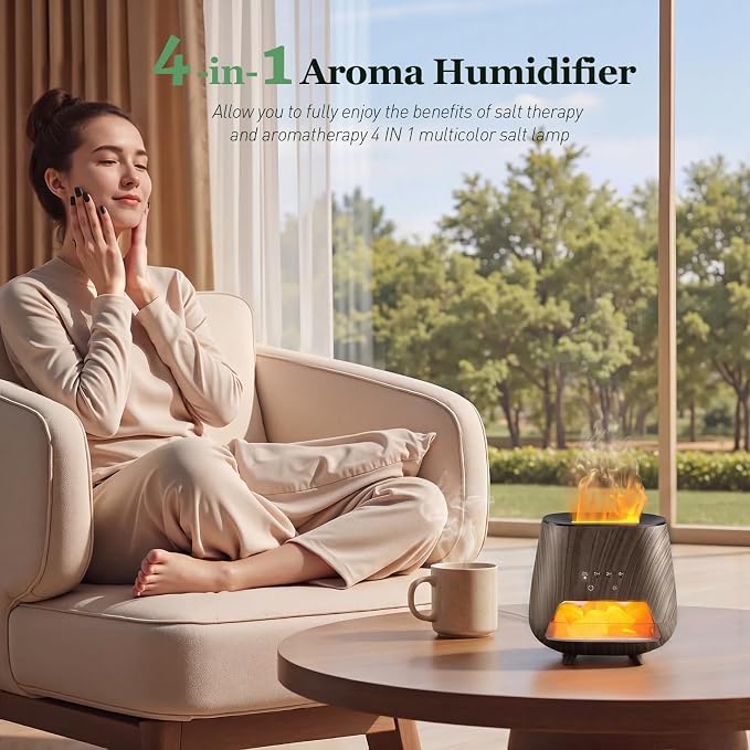 Essential Oil Diffuser for Home: 𝟒-in-𝟏 Himalayan Salt Lamp(Black) | Aromatherapy Diffuser with 𝟗-𝐂𝐨𝐥𝐨𝐫 Flame LED - 200ml Cool Mist Humidifier - Auto Off for Bedroom, Office & Yoga