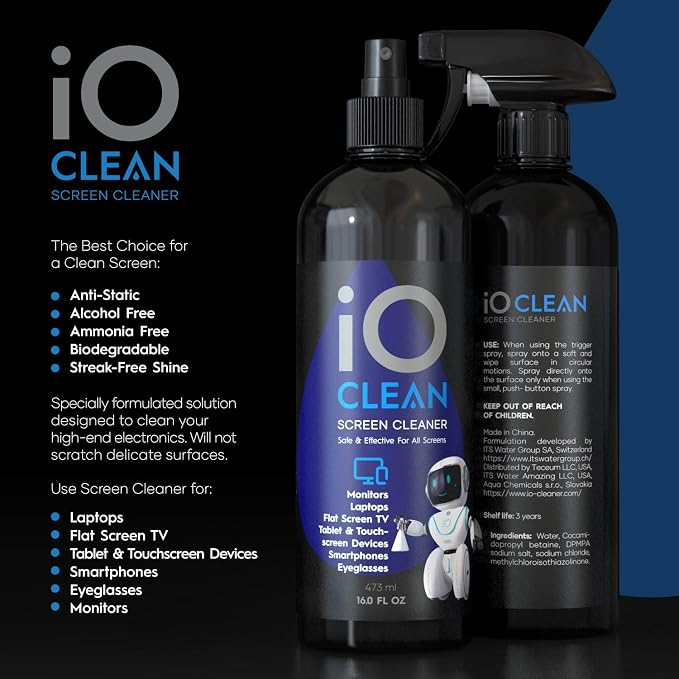 iO CLEAN Screen Cleaner Spray (16oz - 473ml) – Best Large Cleaning Kit | for LCD, LED & OLED TV, Smartphone, iPad, Laptop, Touchscreen, Computer Monitor, Microfiber Cloth Wipes & 2 Nozzles