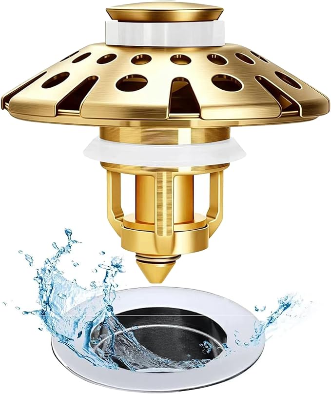 AzWzz Bathroom Sink Drain Strainer, 3 in 1 Pop Up Bathroom Sink Stopper Plug with Hair Catcher Cover, Universal for 1.06 in to 1.6 in Sink Drain, Brushed Gold