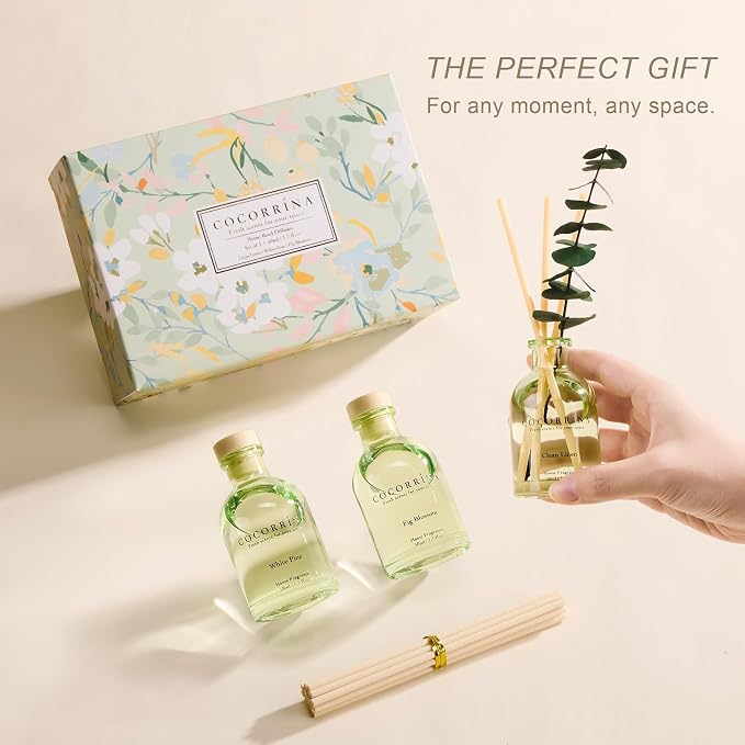 Reed Diffuser Set of 3 with Dried Eucalyptus for Home & Office | Clean Linen/White Pine/Fig Blossom Scents, Aromatherapy Scented Oil Diffusers, 1.7 oz Each, Total 5.1 oz