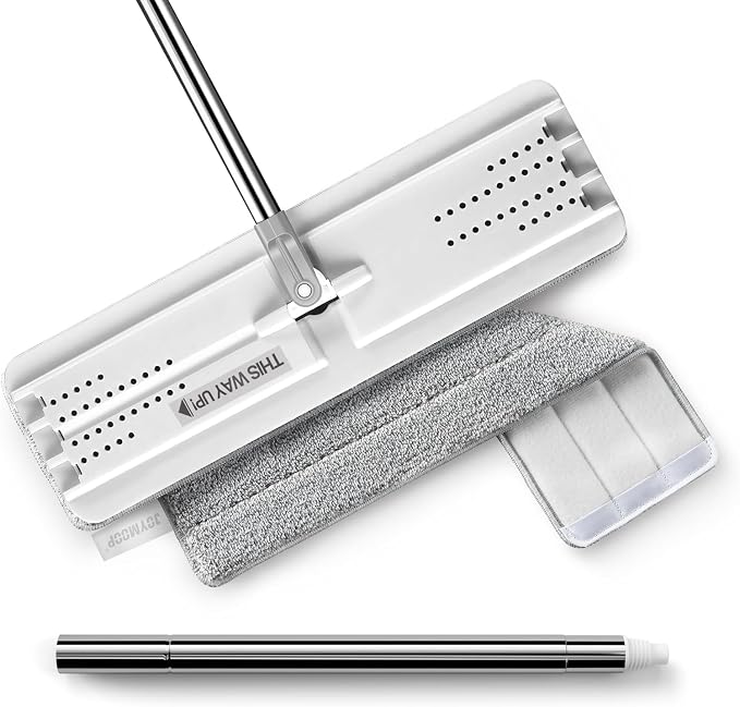 JOYMOOP Flat Mop System, Microfiber Mop for Floor Cleaning, 60" Long Handle with 15" Microfiber Flat Head, White