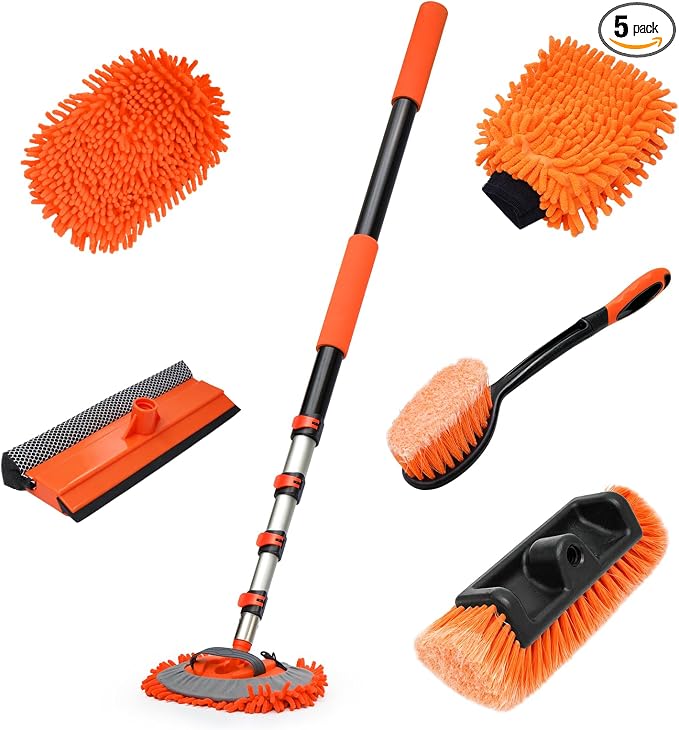 12FT Car Wash Brush with Long Handle, RV Wash Brush with Soft Chenille Microfiber Mop, Mitt and Windows Squeegee, Extendable Cleaning Kit for Truck, Boat or House Siding Ceiling, 5Pack