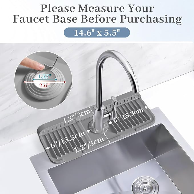 PoYang 14.6 inch Faucet Mat for Kitchen Sink Splash Guard, 7° Slope Silicone Sink Water Splash Guard for Kitchen Sink Area with Snap Button, Small Sink Protectors for kitchen Sink Sponge Holder, Grey