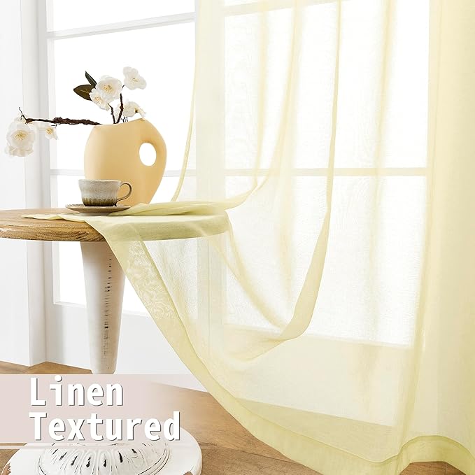 Tollpiz Sheer Door Curtains Closet Linen Textured Curtain Sheers Doorway Light Filtering Voile Patio Door Rod Pocket Curtains French Door, 54 x 80 inches Long, Transparent Yellow, Set of 1 Panel