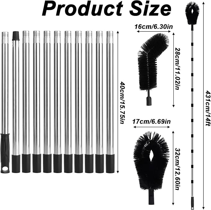14ft/431cm Gutter Cleaning Tool with 2 Brush Heads, Adjustable Length Ladder-Free Telescopic Gutter Cleaner Pole Brush from the Ground for Leaf Leaves Branches & Debris Cleaning