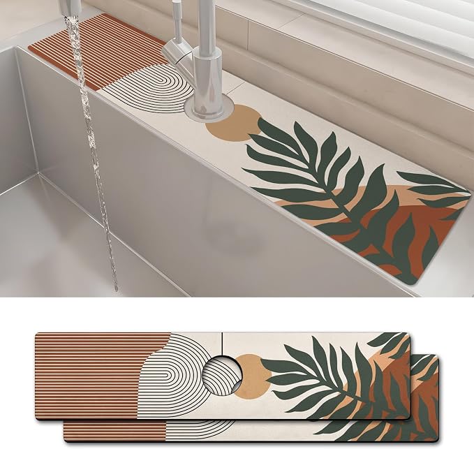 2PCS 24" X 5.5" Kitchen Sink Splash Guard Faucet Mat Boho Super Absorbent Fast Drying Faucet Guard & Draining Mat Sink Splash Guard Behind Faucet for Kitchen, Bathroom