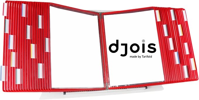 Tarifold Desktop Reference Display System, 40 Pockets, Expandable, Red | 40 double-sided PVC pockets hold 80 letter-size sheets, sturdy metal base, quick-find indexing, easy to assemble
