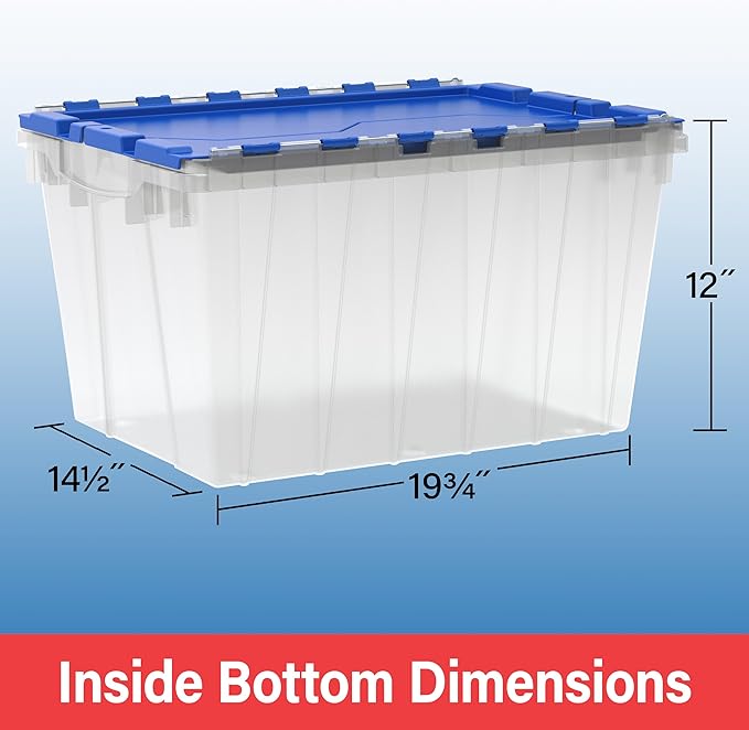 Akro-Mils KeepBox 12 Gallon Storage Container, Nesting and Stackable Plastic Storage Box with Lid Attached, Clear Tote for Garages, Closets, and Moving, 21-1/2" x 15" x 12-1/2", Red/Green, 6-Pack