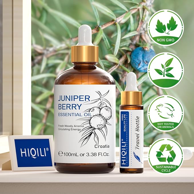 HIQILI Juniper Berry Essential Oil for Aromatherapy,Hair & Skin Care | Brings Long-Lasting Woody Aroma, Calming Relaxation, Versatile DIY & Full Space Odor Elimination -100ml / 3.38 fl oz