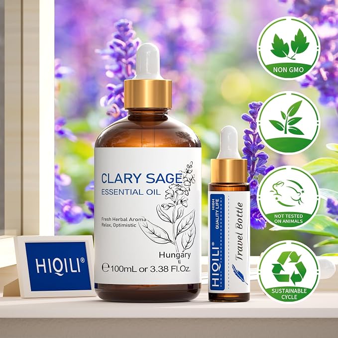 HIQILI Clary Sage Oil Essential, Herbal Sooth Aroma in Diffuse, Meditation, Calming Sleep at Bedtime, Body Massage, Moisturize Skin, DIY Deodorant Spray - 100ML | Can be added for meditation, bedtime calming sleep, DIY deodorant spray use – 100mL / 3.3...