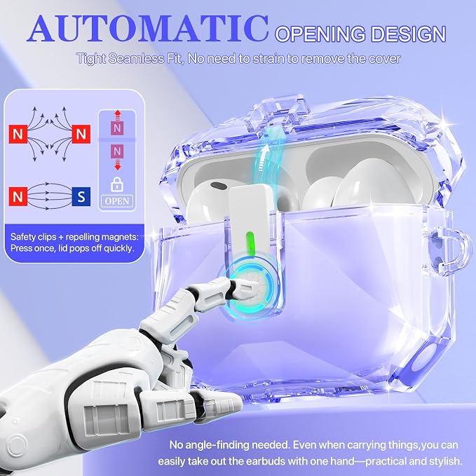 for AirPods Pro 3 Case Transparent with Lock, Clear Purple | Compatible MagSafe, Compatible with Apple AirPods Pro 3rd Generation Case with Cleaning Kit & Keychain, Auto Pop-Up