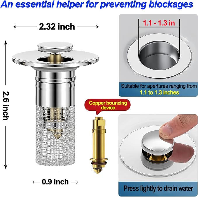 Bathroom Sink Drain Strainer, Pop-up Sink Stopper Hair Catcher with Removable Stainless Steel Filter Basket,Universal Drain Plug Filter Replacement for Bathroom Shower Sink Stopper(2Pcs)