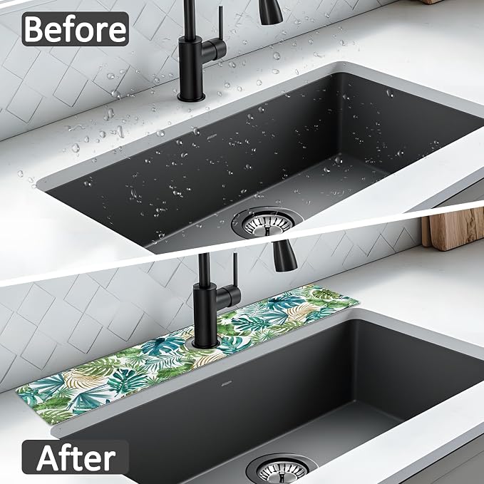 2PCS 24" X 5.5" Kitchen Sink Splash Guard Faucet Mat Leaf Super Absorbent Fast Drying Faucet Guard & Draining Mat Sink Splash Guard Behind Faucet for Kitchen, Bathroom