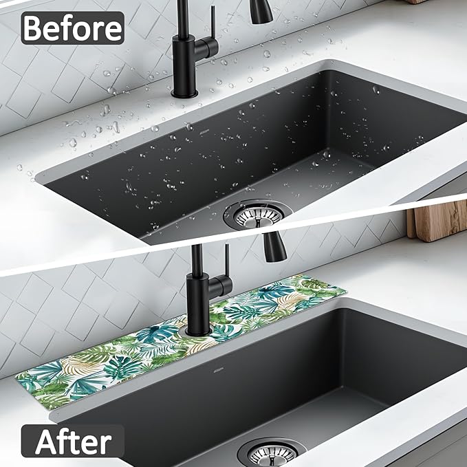 24" X 5.5" Kitchen Sink Splash Guard Faucet Mat Leaf Super Absorbent Fast Drying Faucet Guard & Draining Mat Sink Splash Guard Behind Faucet for Kitchen, Bathroom