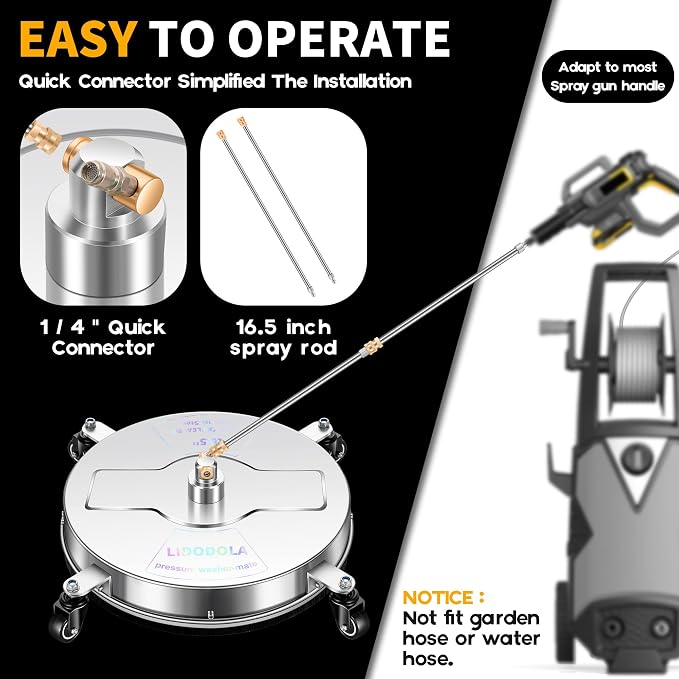 LidoDola 16.5'' Pressure Washer Surface Cleaner, Power Washer Accessory | Stainless Steel Housing with 4 Wheels, 1/4" QC, 2 Extension Wands & 2 Replacement Nozzles, for Gas & Electric Pressure Washer