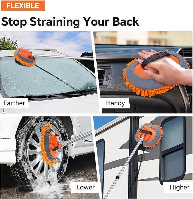 ARTIPOLY 20ft Reach Car Wash Brush with Long Handle-Car Cleaning Kit with 4-12FT Extension Pole, Ultimate RV,Truck Wash Set with Soft Brush, Tire Brush, Window Squeegee, Mitt, Microfiber Cleaning Mop