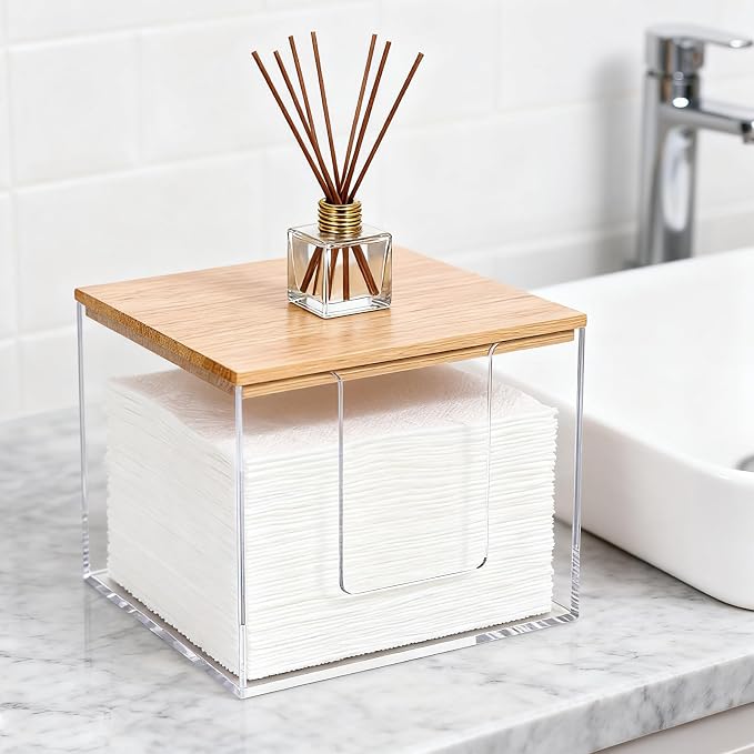 Rainmae Disposable Face Towel Holder, Acrylic Cosmetic Facial Towel Storage Box for XL Clean Skin Club, Upgrade Tissue Holder with Bamboo Lid Towel Organizer Container for Bathroom Vanity Countertop