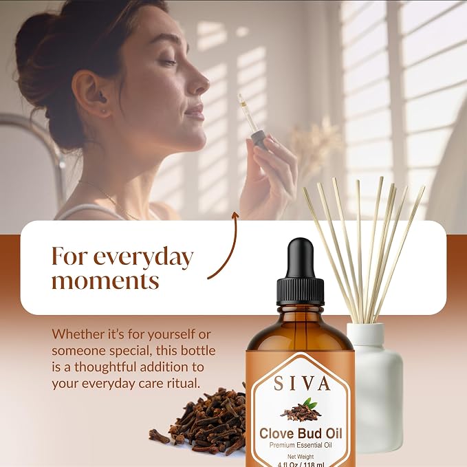 Siva Clove Bud Essential Oil, Glass Bottle with Dropper, 4 Fl Oz (118 ml) | Clove Bud Oil for Diffuser, Humidifier, Home Fragrance, Oral Care, Body Massage, Soap Making, Candle Making & DIY Projects
