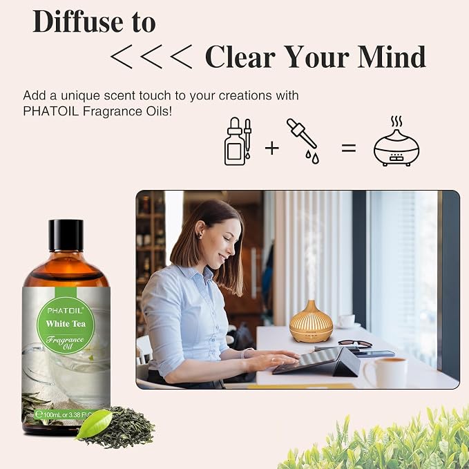 PHATOIL White Tea Fragrance Oil for Diffuser Aromatherapy 3.38FL.OZ | Long Lasting Scented Oils For Humidifier, Air Freshener, DIY Soap Candle, Scent Project Making, Aroma Oil for Home Freshening