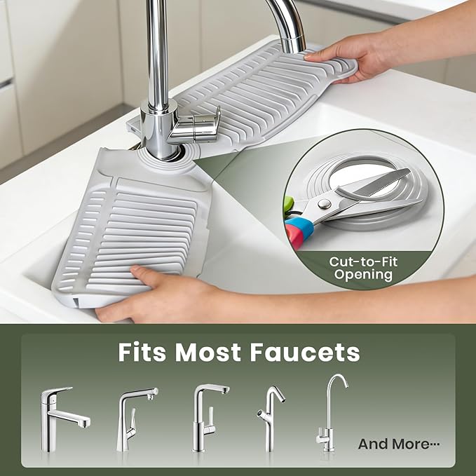 24 Inch Faucet Mat for Kitchen Sink, Silicone Splash Guard for Kitchen Sink Area, 7° Slope Fast Self-Draining Sink Mat, Cuttable Hole Design, Sink Backsplash Guard Draining Mat, Grey