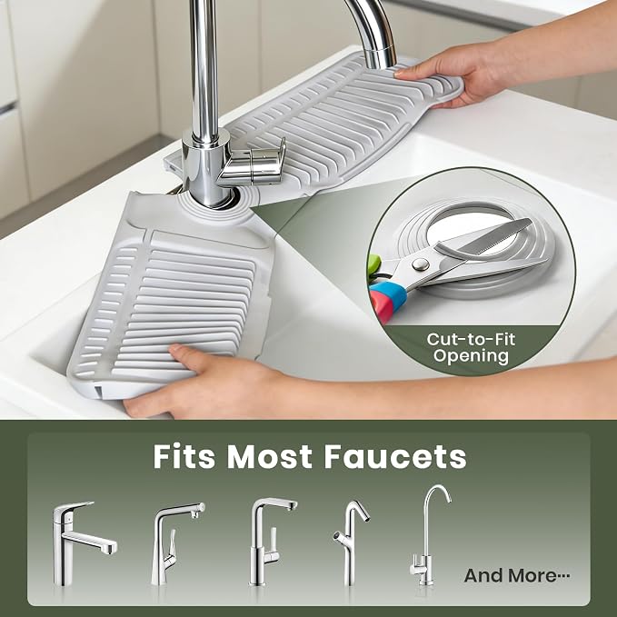 2PCS 24 Inch Faucet Mat for Kitchen Sink, Silicone Splash Guard for Kitchen Sink Area, 7° Slope Fast Self-Draining Sink Mat, Cuttable Hole Design, Sink Backsplash Guard Draining Mat, Light Grey