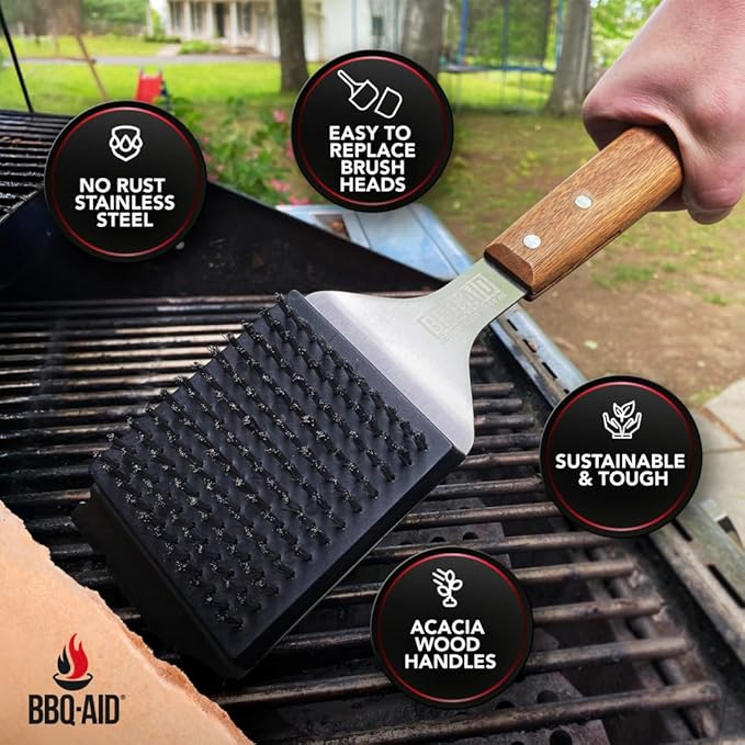 Grill Brush and Scraper for Barbecue – Grill Brush for Outdoor Grill with Extended, Large Wooden Handle and Replaceable Stainless Steel Bristles Head –No Scratch- BBQ Grill Brush for Any Grill
