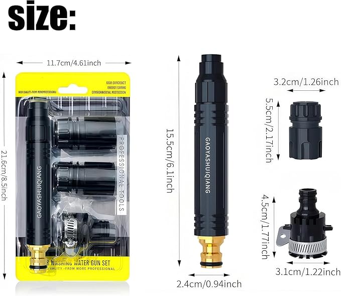 High Pressure Power Washer Nozzle with Connector Set,Direct spray gun,Power Jet Water with Three Spray Modes, This product is only suitable for water pipes with an inner diameter of 4.7 inches or less