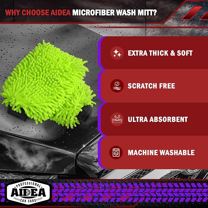 AIDEA Car Wash Mitt Microfiber, 4PK,Car Wash Brush, Green 8''X12'' | Scratch Free Lint-Free, Premium Chenille Microfiber Mitt, Cleaning Supplies, Extra Large Size