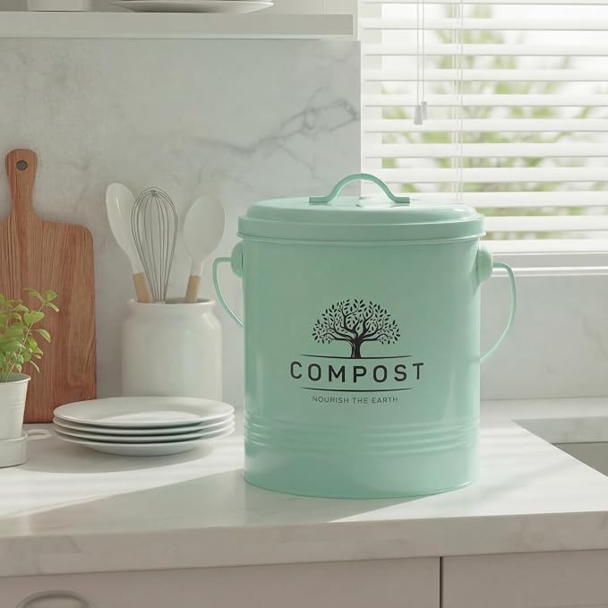 Perfnique Kitchen Compost Bin, 1.3 Gallon Countertop Compost Bin with Lid, Indoor Compost Bucket Includes Inner Bucket Liner and Carbon Filter, Small Compost Bin with Trash Bags (with Bags, Mint)