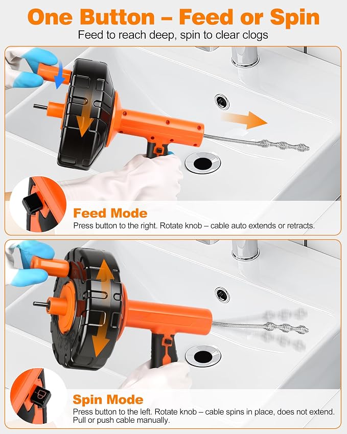 Drain Auger 25 ft, Auto Feed Plumbing Snake Hair Clog Remover with Drill Adapter, Heavy Duty Drain Cleaner Tool Kit with Gloves & Brush for Kitchen Sink Shower Bathtub Bathroom Toilet Clog Removal