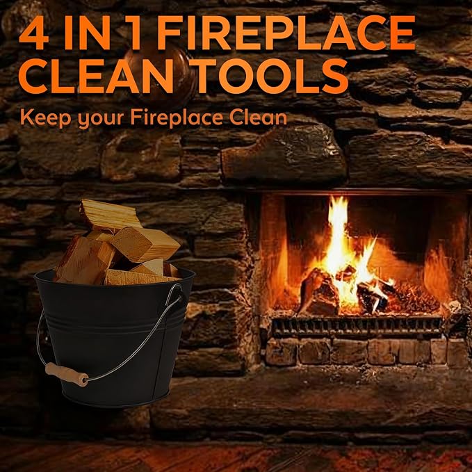 Small Ash Bucket with Lid and Shovel, Metal Fireplace Ash Bucket with Broom, Complete Fireplace Tools Set for Wood Stove and Fireplace, Black