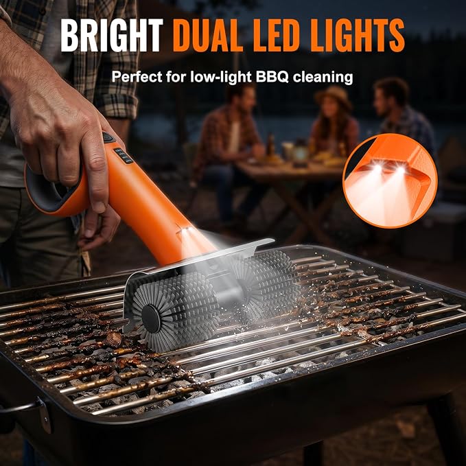 Electric Grill Brush - Dual Rotating Heads Cordless BBQ Grill Cleaner, 450 RPM Motorized Power Grill Cleaning Brush with LED Light, 6-Piece Replaceable Brush Set Safe for Most Outdoor Grill Grates