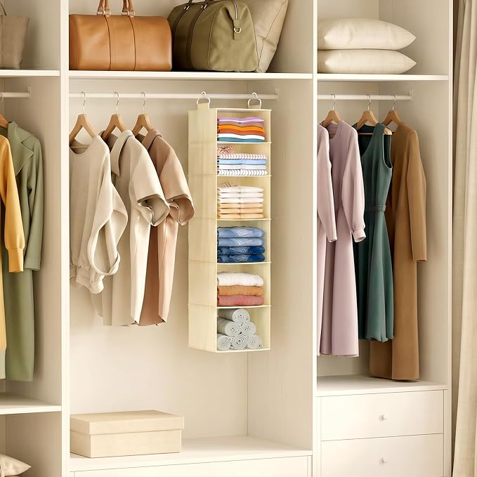 Lifewit 6 Tier Hanging Portable Closet Storage Organizer for Shelves, Gray | Foldable Clothes Shelf with 2 Sturdy Hooks, Sweater/Coat/Shoes Clothing Organization for Wardrobe, Dorm, Bedroom