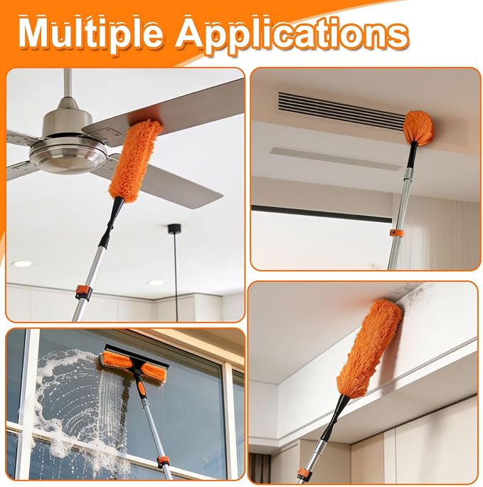 18FT High Reach Duster Kit with 3-12FT Flip-Lock & Screw Dual Locking Extension Pole, Cobweb Duster, Washable Ceiling Fan Cleaner & Window Squeegee for Glass & High Roof