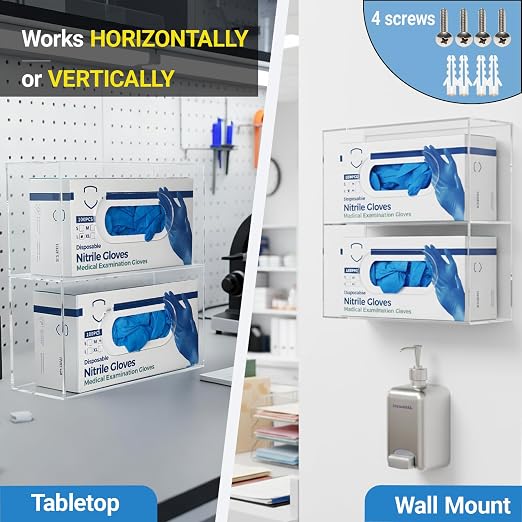 Double Glove Box Holder Wall Mount, Side-Load Acrylic Glove Dispenser - Clear Medical Storage Organizer for Lab, Hospital, Kitchen,- 10 x 3.54 x 10.6 IN - Quick Access & Easy Refill