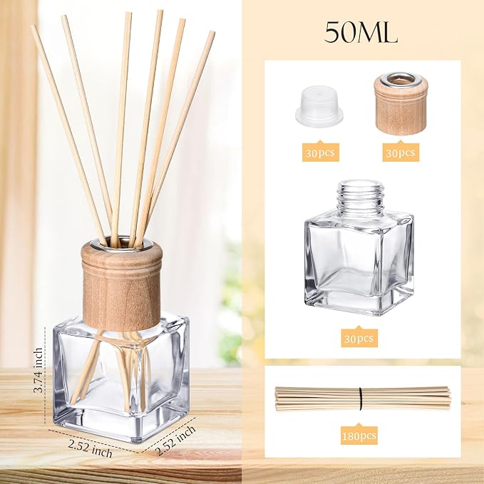 Roshtia 30 Set Reed Diffuser Bottles 50ml Glass Wooden Caps Rattan Sticks | Empty Refillable DIY Oils, Mini Square Jars Bulk, Ideal Home Office Aromatherapy Gifts, 1.7 Oz Fragrance Container