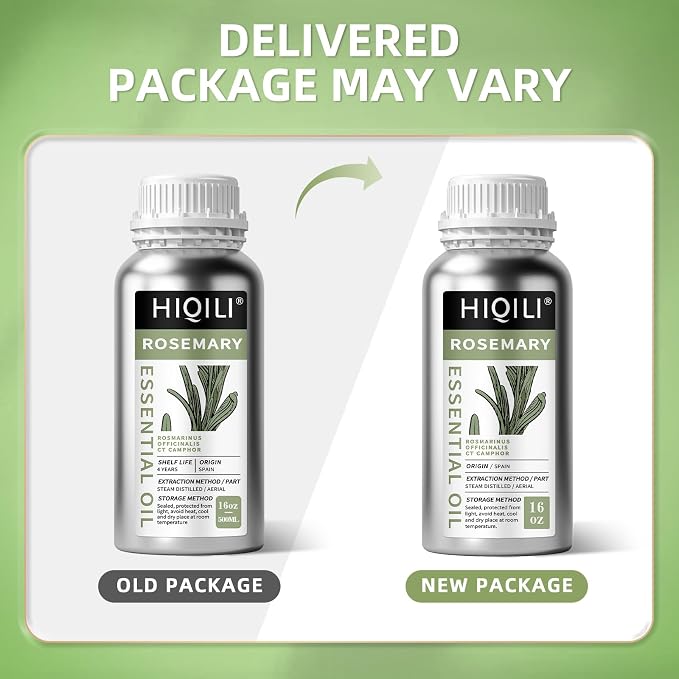 HIQILI Rosemary Oil for Hair Care, Diffuser & DIY | with Two Travel Vial for DIY Shampoos, Conditioners, and Custom Blends, Fresh Scent. —500ml / 16 fl oz