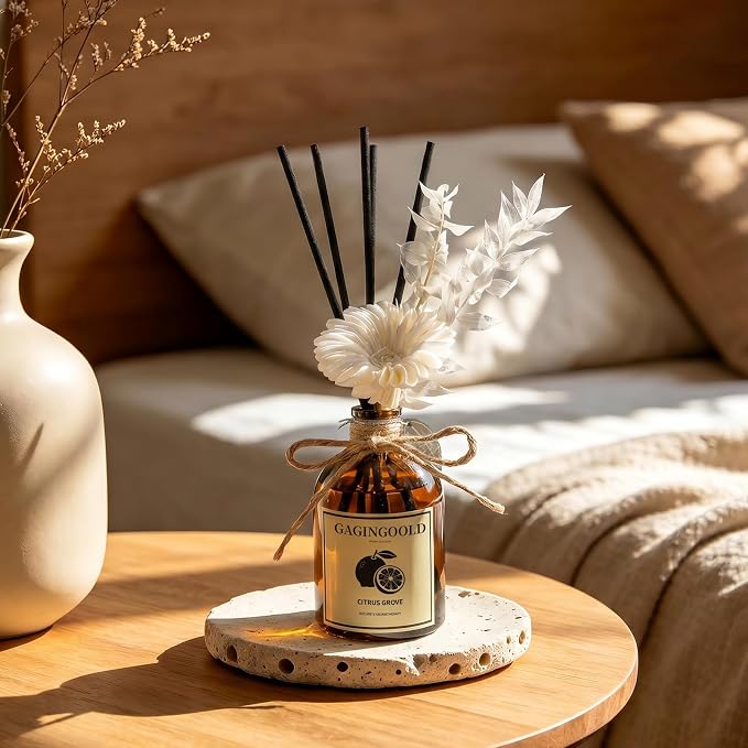 Reed Diffuser Set, Citrus Grove Scent Diffuser with 10 Sticks & Decorative Flower, Long Lasting Diffusers for Home Fragrance, Vintage Decor for Bathroom Bedroom Office Shelf, 5 Fl.oz