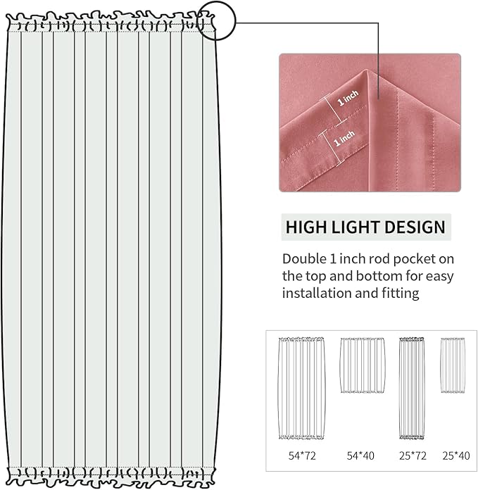 DWCN French Door Curtains – Rod Pocket Thermal Blackout Curtain for Window/Patio Doors/Doorways/Classroom/Kitchen for Privacy, 25W by 72L Inches, 1 Panel with Tieback, Dry Rose