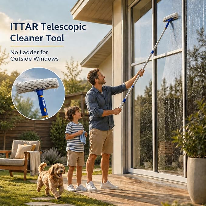 Window Squeegee with 2 Sets Separate Pole, 12" Rubber Squeegee and 11" Microfiber Pads, 60"-73.6" Telescopic Window Cleaning Kit with Rotating Head for High Windows, Shower Glass, Car Windshield