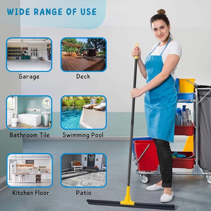 Floor Squeegee for Concrete, 30'' Large Rubber Broom for Tile, 59'' Long Handle Heavy Duty Water Wiper for Garage, Deck