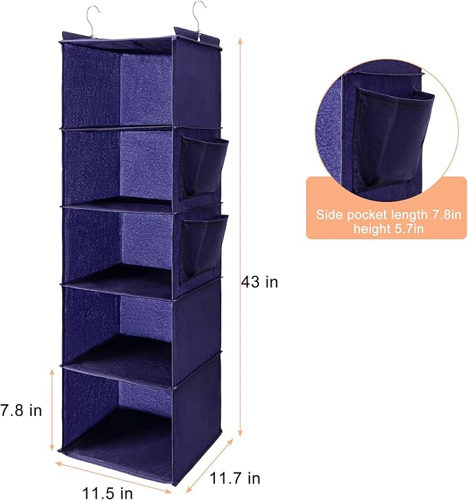 BOOMIBOO Hanging Closet Organize and Shelves,5-Hanging Shelf （Purple） | with 2 Side Pockets，Storage Foldable