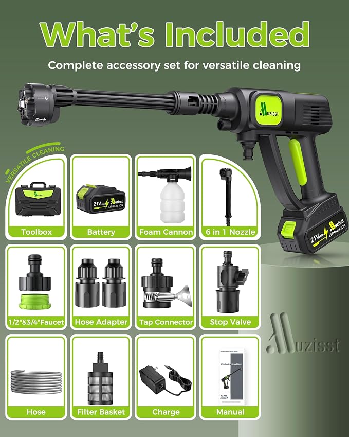 Cordless Car Washer, 1250PSI, Portable Self-Priming Cleaning Tool | Draw Water From Bucket, Garden Hose or Faucet. Lightweight Cordless Design with 6-in-1 Nozzle for Car, Patio, Garden.
