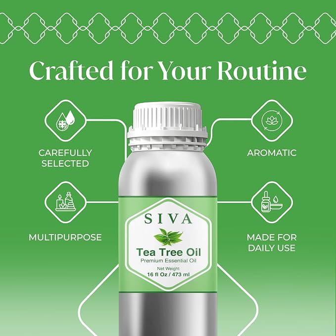 Siva Tea Tree Essential Oil, Huge Bottle, Large Size, 16 Fl Oz (473 ml) | Tea Tree Oil for Hair Care, Scalp Care, Face Care, Skin Care, Nail Care, Diffuser, Humidifier, Soap Making & DIY Blending