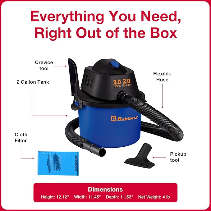 Koblenz WD-2L Wet Dry Vacuum Cleaner, Home Car Garage Workshop, 2.0 PHP | 60 CFM, 10 Ft Reach, Twist-N-Lock Hose, Small Shop Vac, Portable Shop Vac for Home Car Garage Workshop, Accessories Included