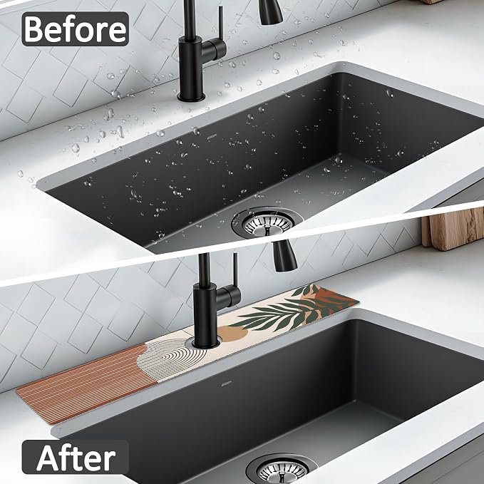 2PCS 24" X 5.5" Kitchen Sink Splash Guard Faucet Mat Boho Super Absorbent Fast Drying Faucet Guard & Draining Mat Sink Splash Guard Behind Faucet for Kitchen, Bathroom