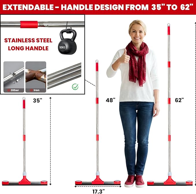 Floor Squeegee Scrubber with Extendable 62" Long Handle | 17.3" EVA Foam Blade, Reinforced Steel Frame for Garage, Concrete, Tile, Patio, Pool, Shower & Uneven Surface Cleaning